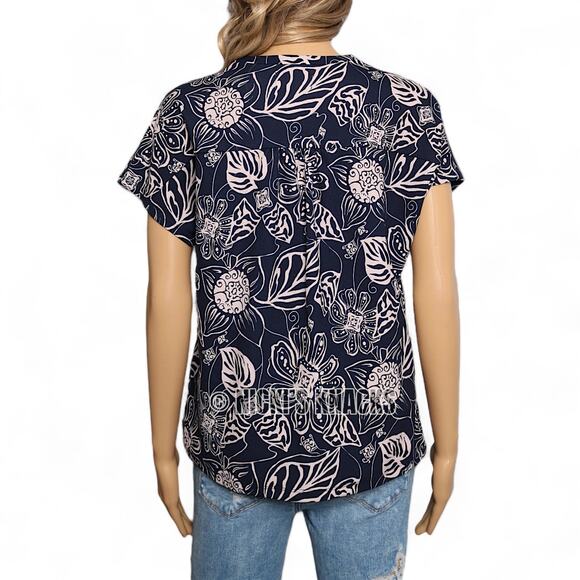 Melloday Navy Floral Leaf Print Jersey Split Neck Short Sleeve Blouse Size S - Picture 5 of 11